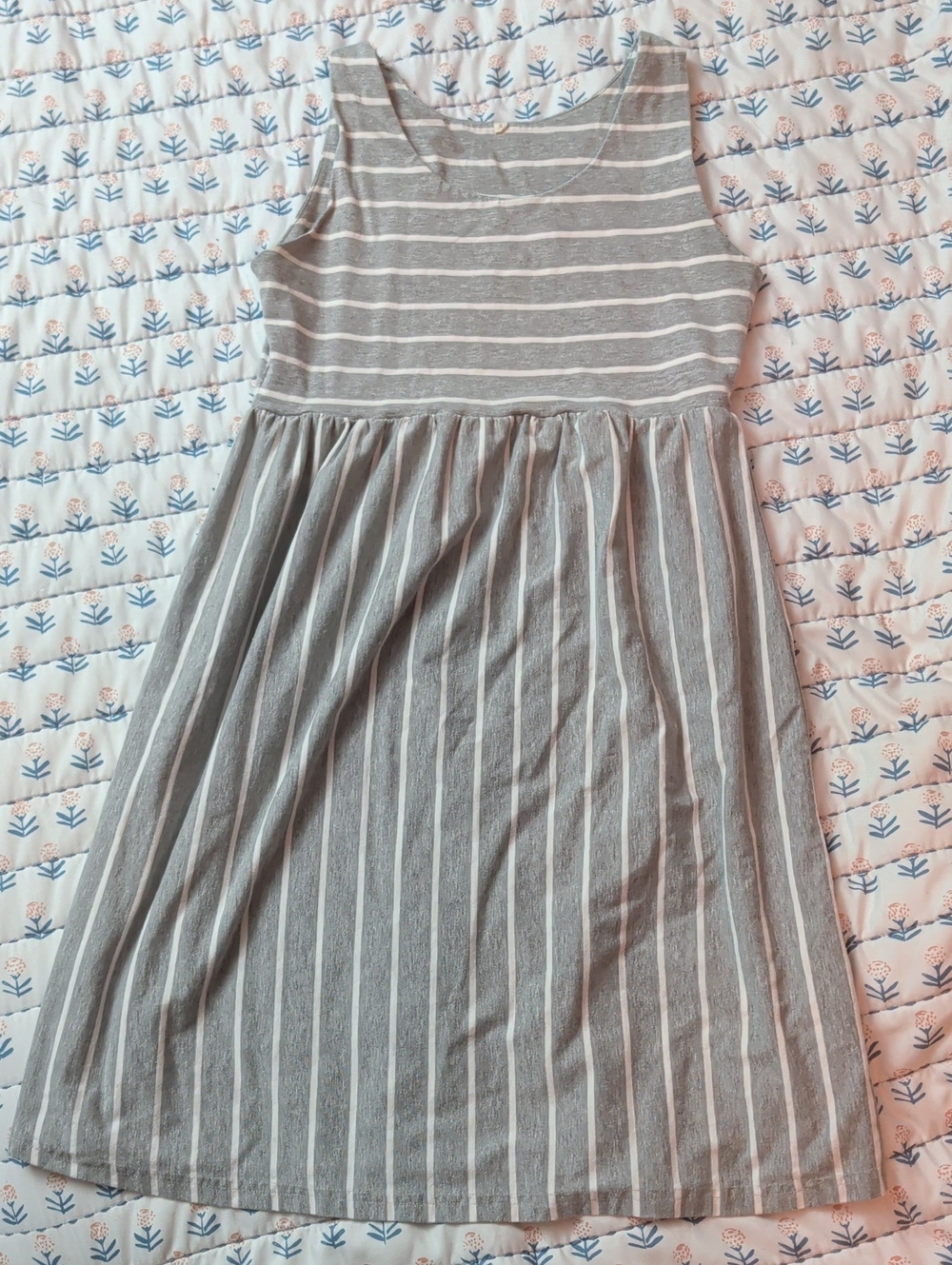 Sleeveless Striped Midi Maternity Dress in Gray and White